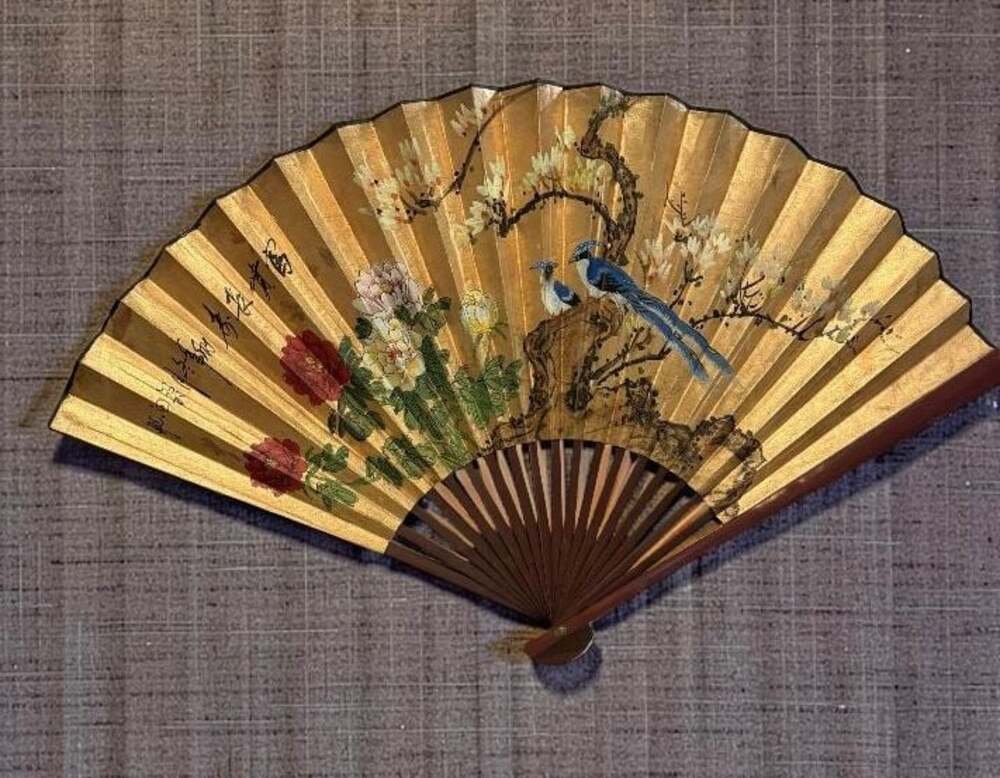 Vintage Chinese Hand Painted Gold Leaf Folding Fan Birds & Peonies